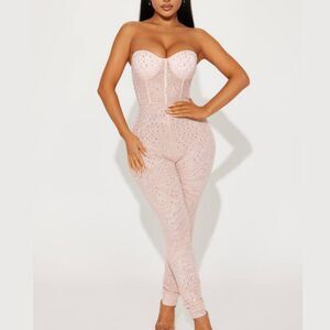Fashion Nova One Night Only Rhinestone blush pink sheer bustier jumpsuit L